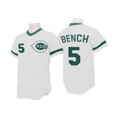 White Johnny Bench Men's Cincinnati Reds (Green Patch) Throwback Jersey - Authentic Big Tall
