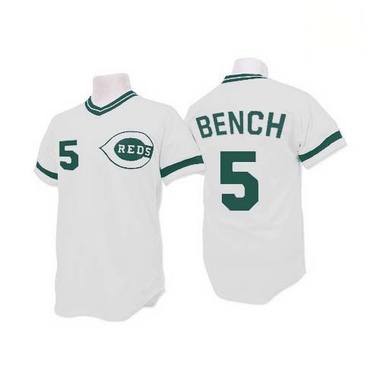 White Johnny Bench Men's Cincinnati Reds (Green Patch) Throwback Jersey - Replica Big Tall